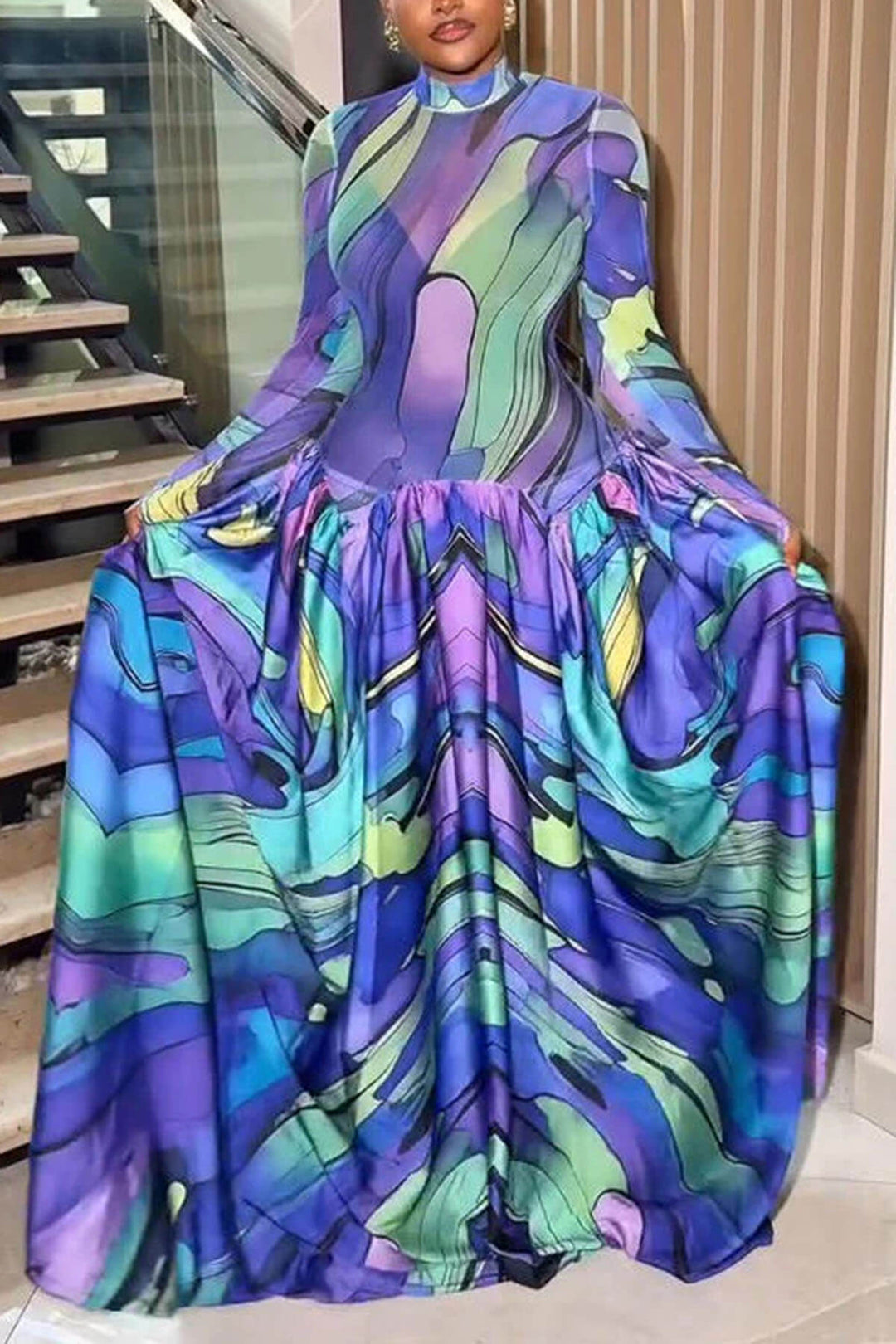 Unique Artistic Print Ruched Maxi Dress