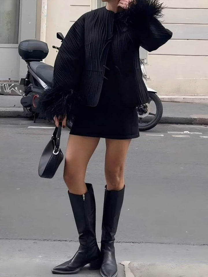 Chic Street-Style Tie-Up Feather Paneled Coats