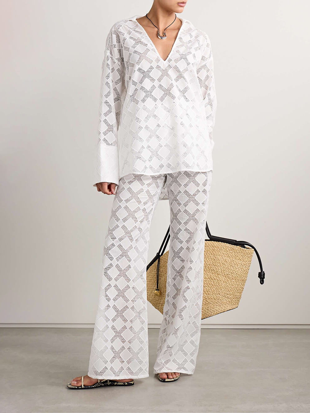 Unique Sheer Lace Panel Elastic Waist Wide-Leg Pants