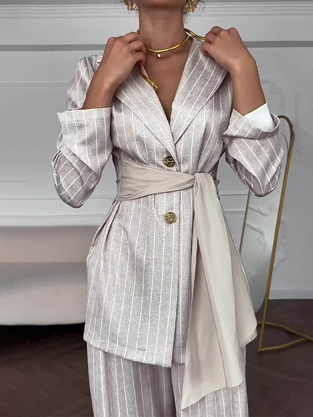 Exquisite Striped Print High-Waist Straight Pants