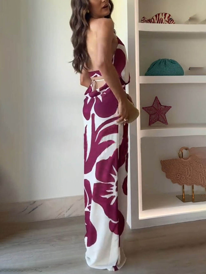 Elegant Leslie Flower Print Halter Cutout Cowl Neck Backless Maxi Dress