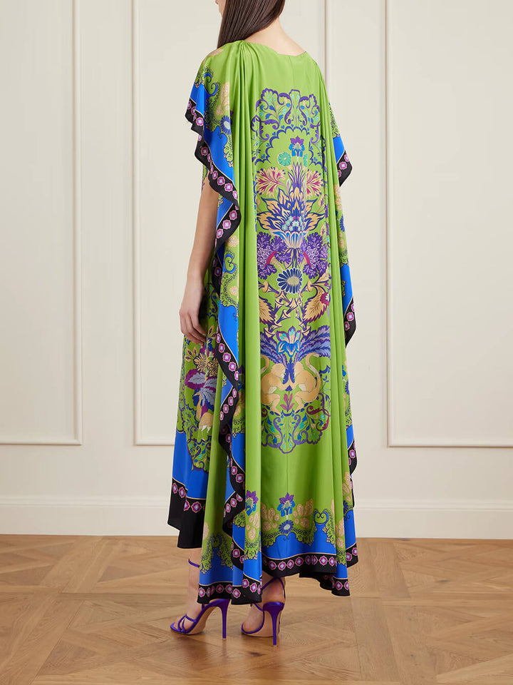 Unique Shawl-Style Floral Print Satin Maxi Dress