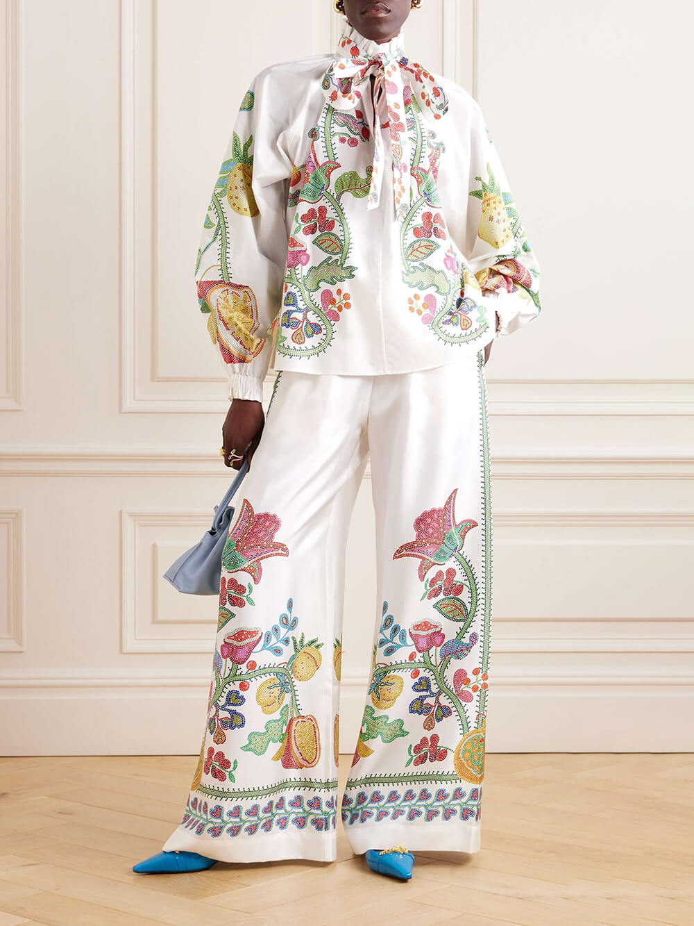 Unique Floral Print Satin With Elastic Waist Wide-Leg Pants