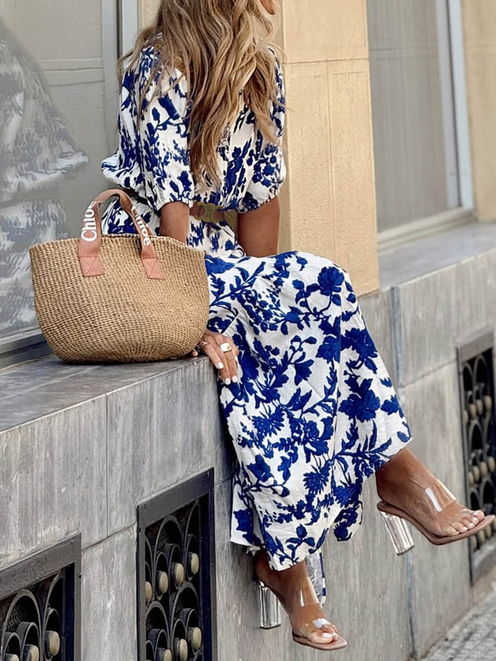 Elegant Floral Print Slit Fitted Maxi Dress