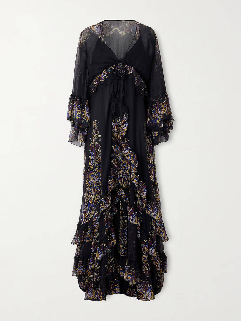 Retro Ruffled Paisley Print Chiffon Maxi Dress
