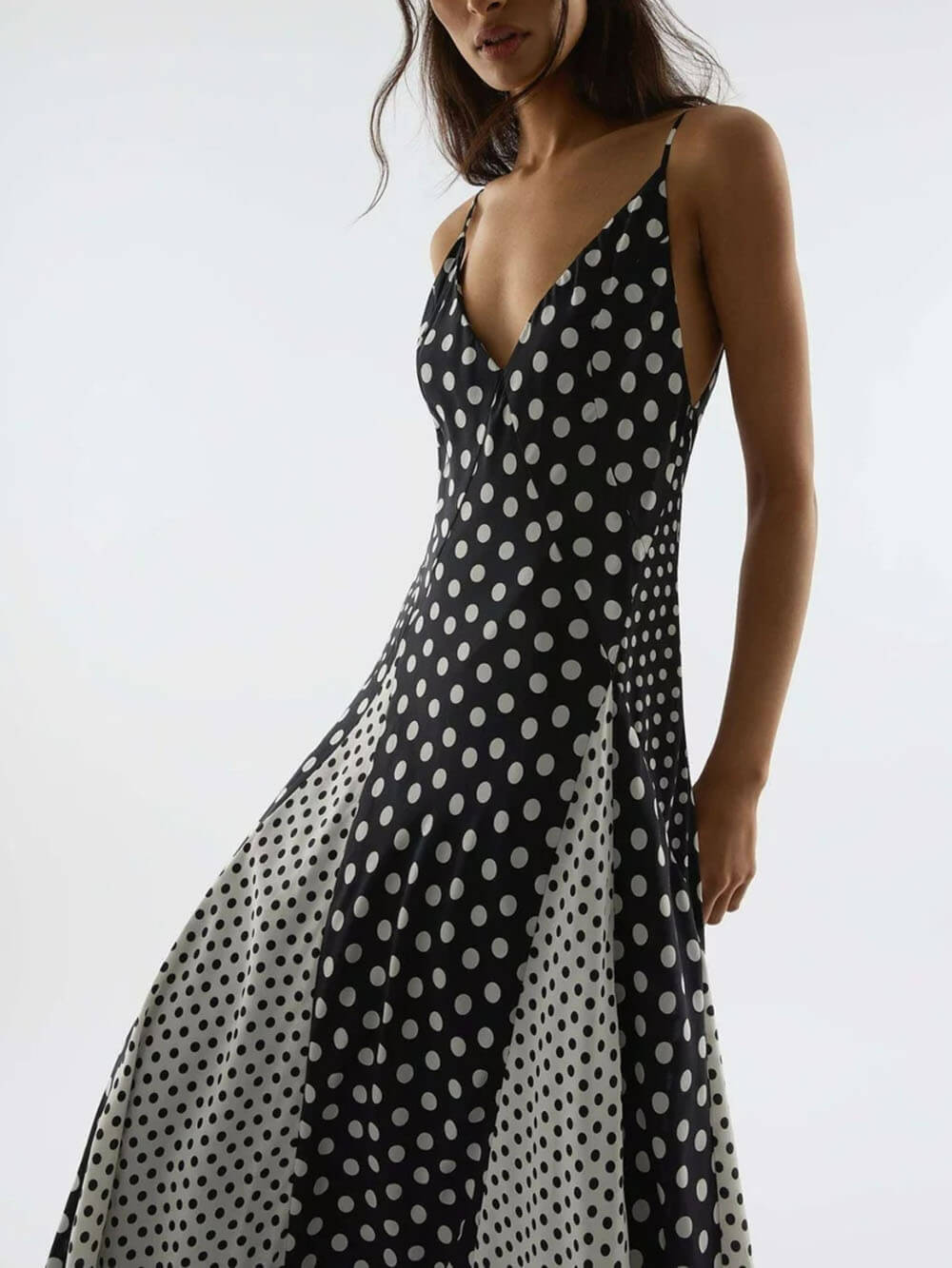 Elegant Color-Block Polka Dot Print Spaghetti Strap A-Line Maxi Dress