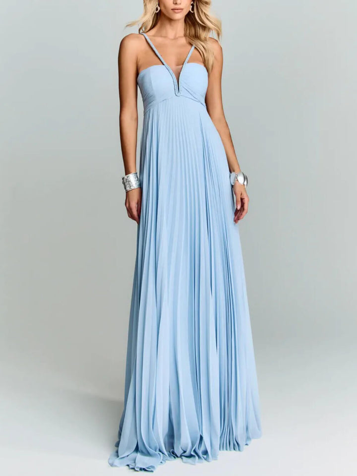 Elegant Braided Neckline Blue Pleated Maxi Dress