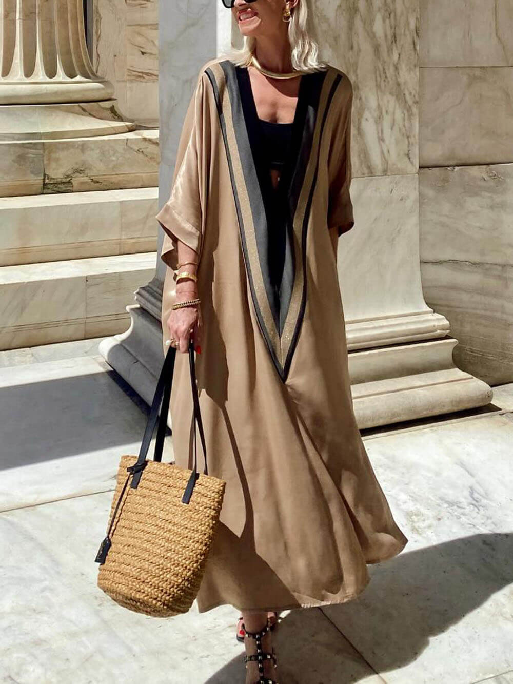 Enjoy The Holiday Style With A Unique V-Neck Triangle Print Loose Maxi Dress
