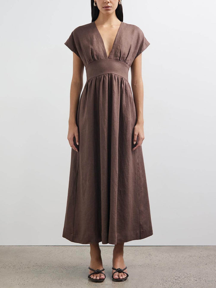 Classic Linen Blend Short Sleeve Fitted Waist Maxi Dress