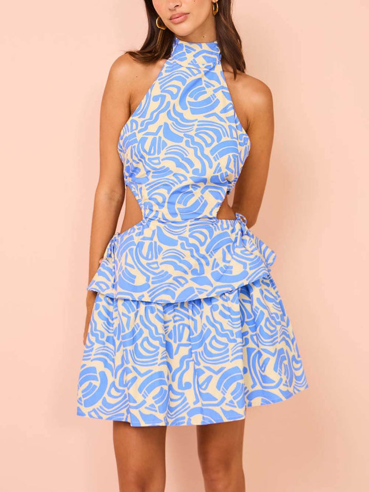 Elegant Blue Swirl Print Halter Mini Dress