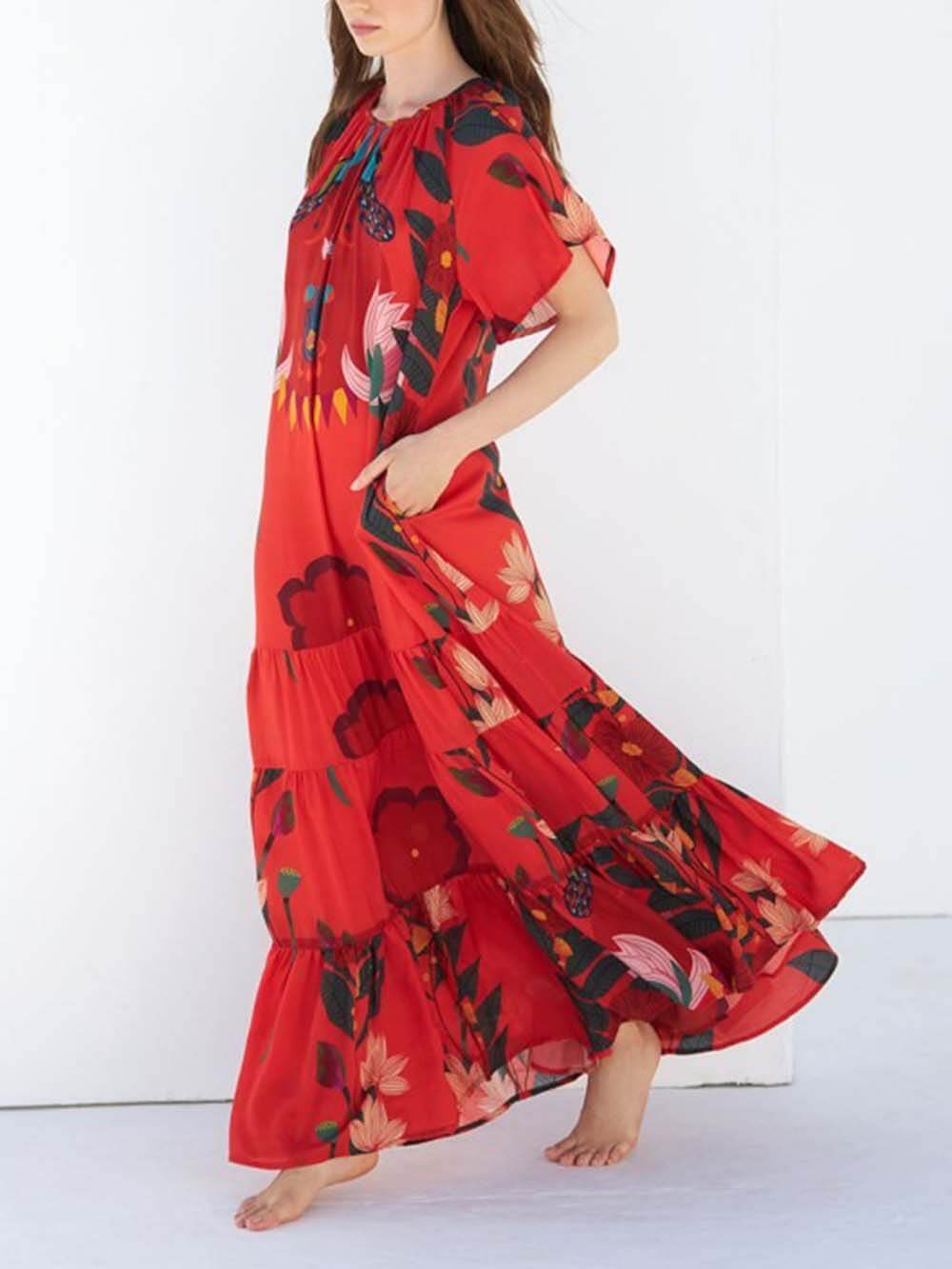 Unique Floral Print Drop-Shoulder Short-Sleeve Maxi Dress