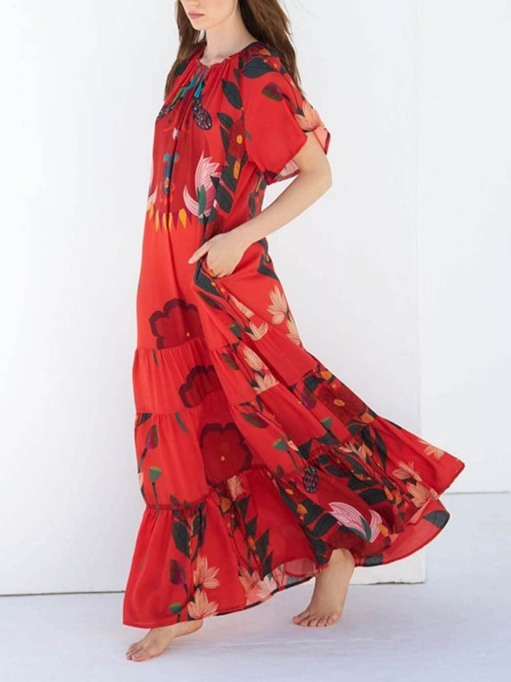 Unique Floral Print Drop-Shoulder Short-Sleeve Maxi Dress