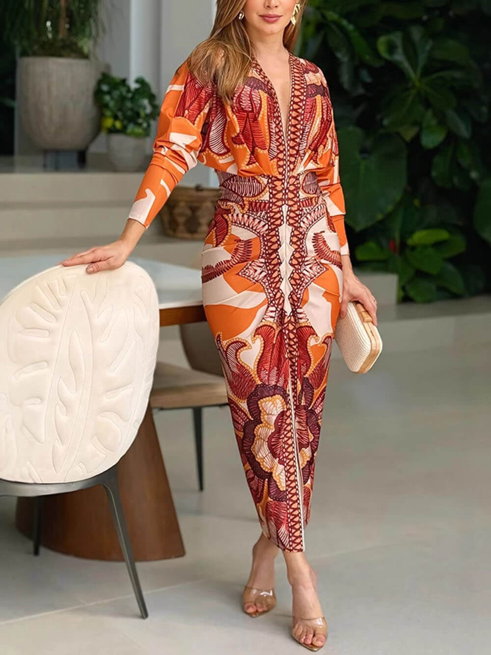 Elegant Floral Print Sexy V-Neck Long Sleeve Slit Dress