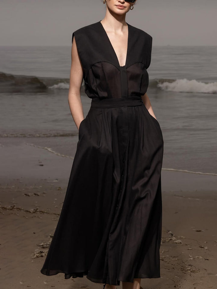 Elegant V-Neck Button-Detail Linen Midi Dress