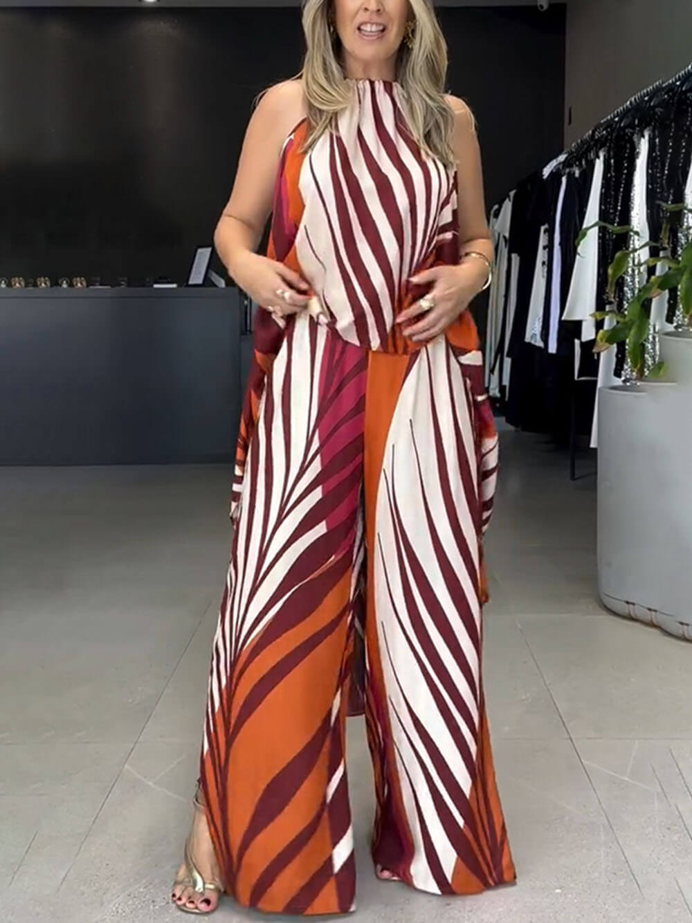 Fashionable Unique Positioning Print Long Sleeveless Top Wide Leg Pants Set