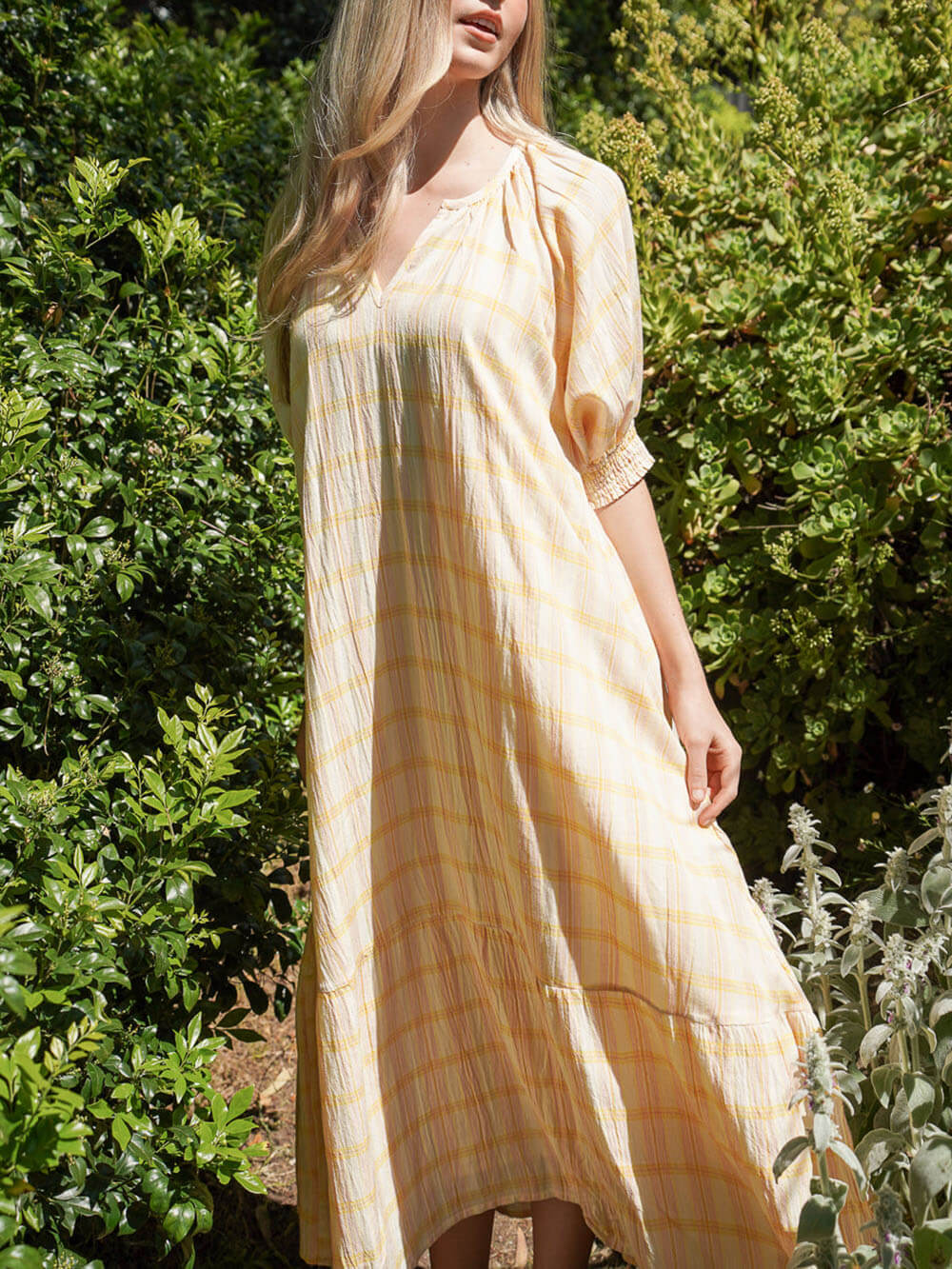 Beautiful Plaid Print With Pleated Puff Sleeves And Ruffled Tiered Maxi Dress