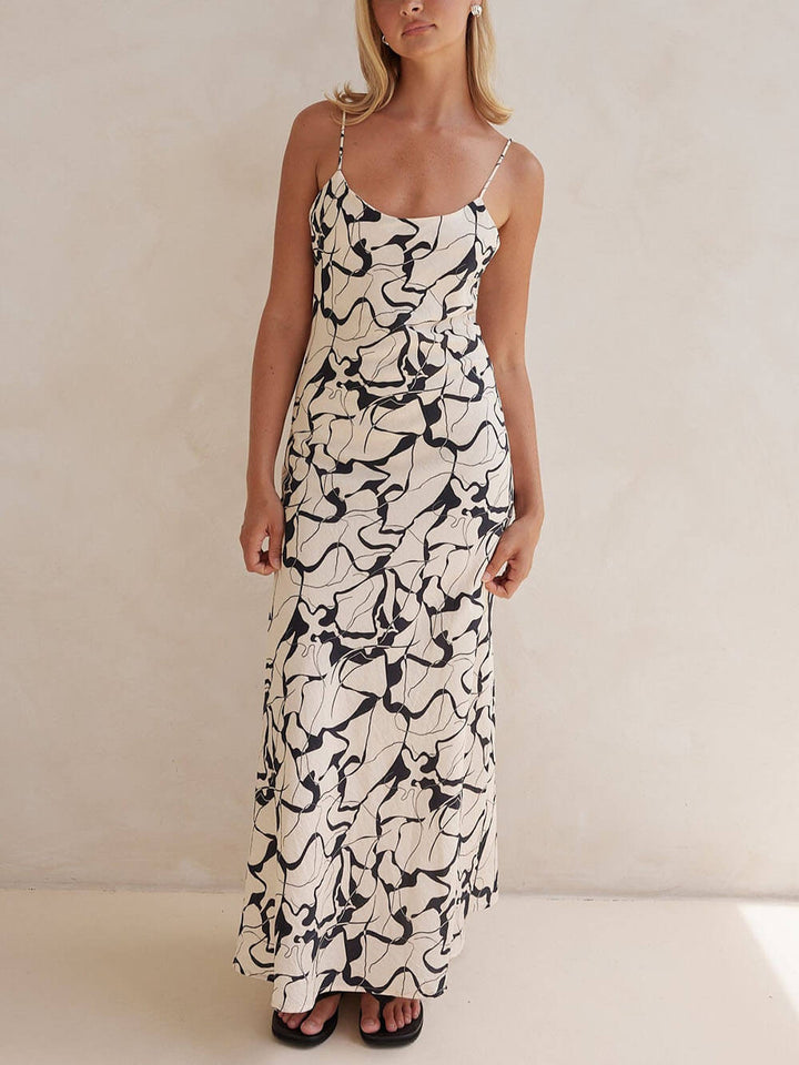 Elegant Black Abstract Printed with Adjustable Straps Maxi Dress