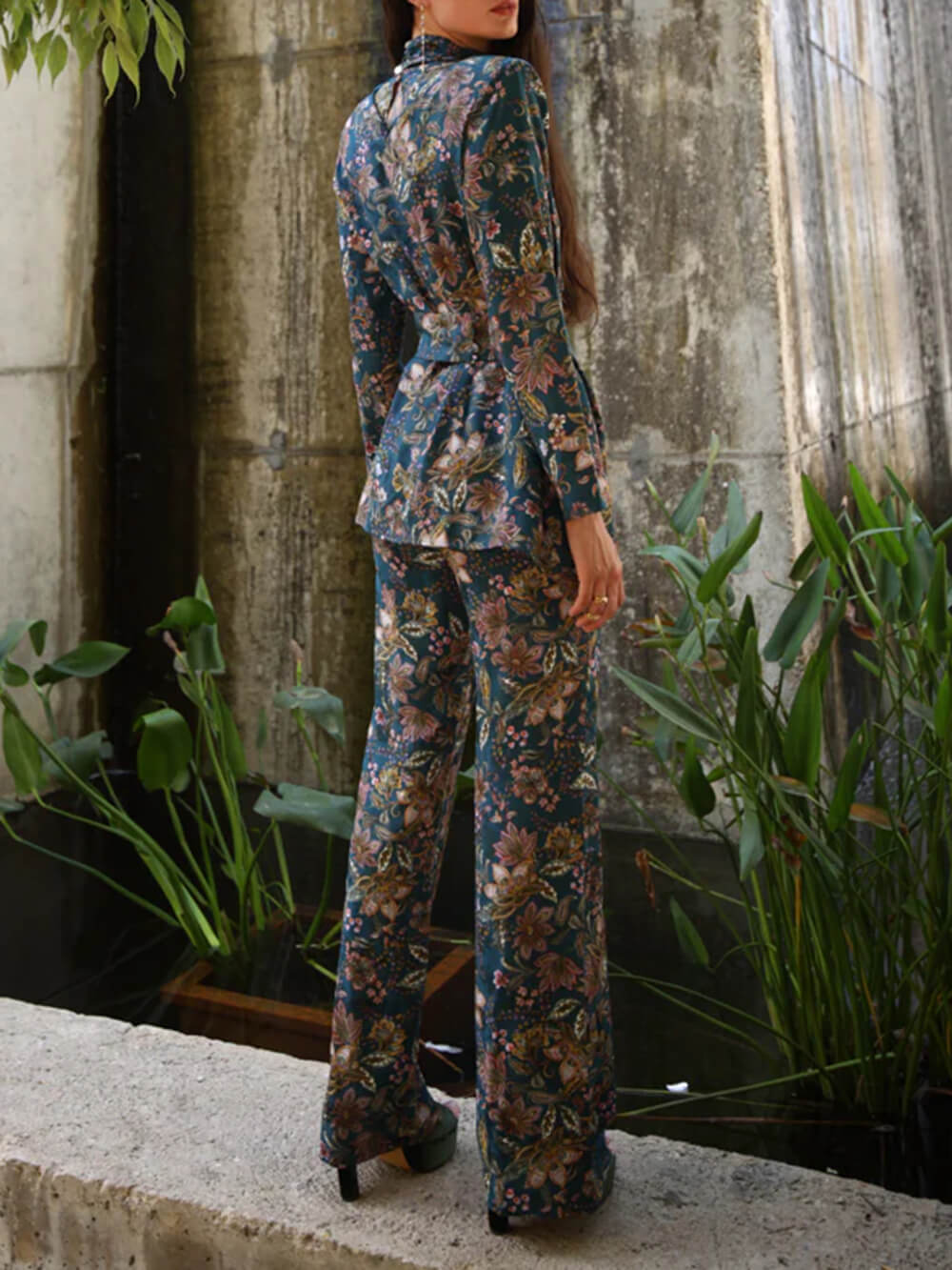 Retro Unique Floral Print Elastic Waist Pocket Pants