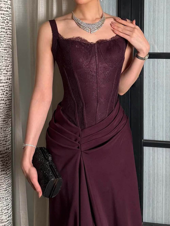 Elegant Lace With Side Slit Evening Gown Maxi Dress