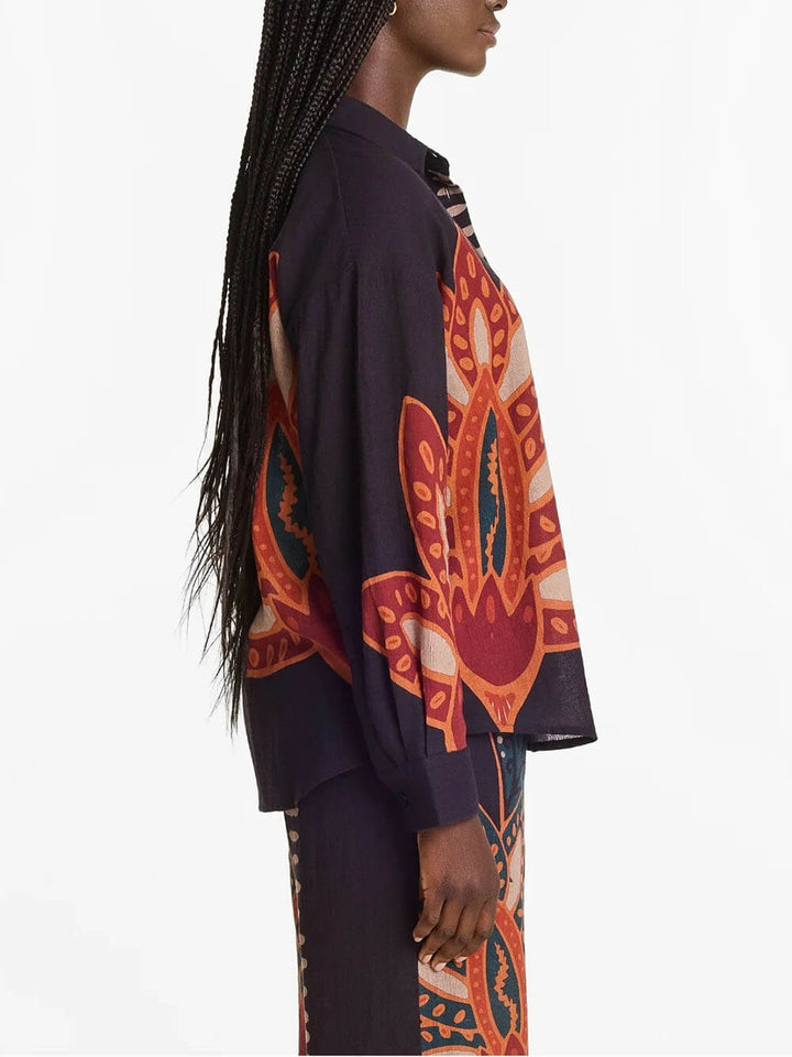 Exquisite Floral Print Linen Button-Up Top And Loose Pocket Pants Set