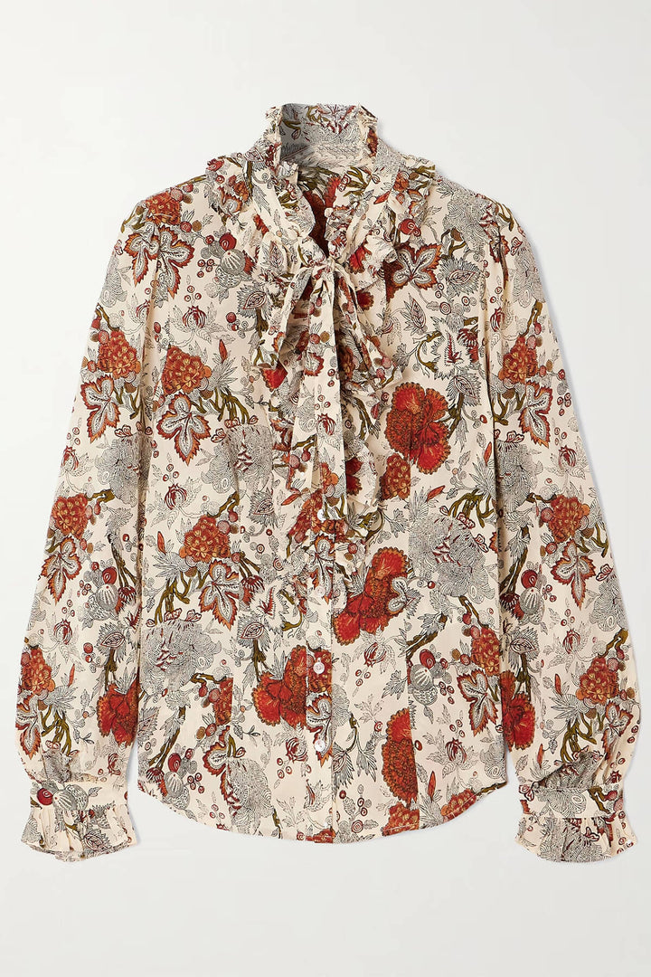 Unique Pussy-Bow Floral-Print Satin Blouse