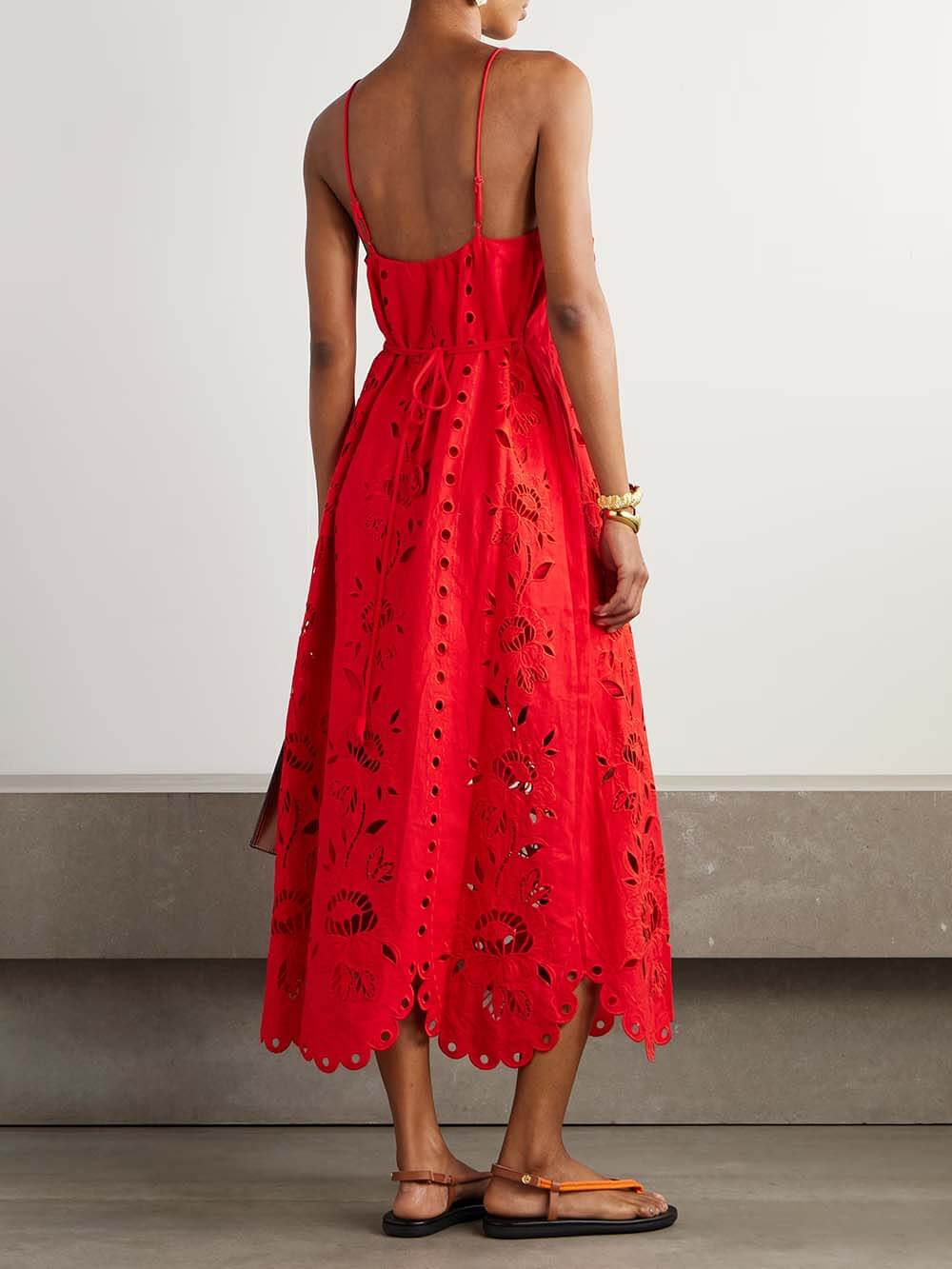 Elegant Lace-Trim Crochet Linen-Blend Midi Dress