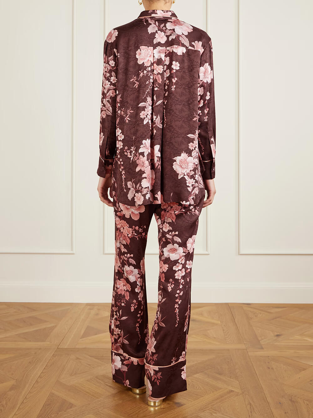 Exquisite Floral Print Satin Piped Straight-Leg Pants