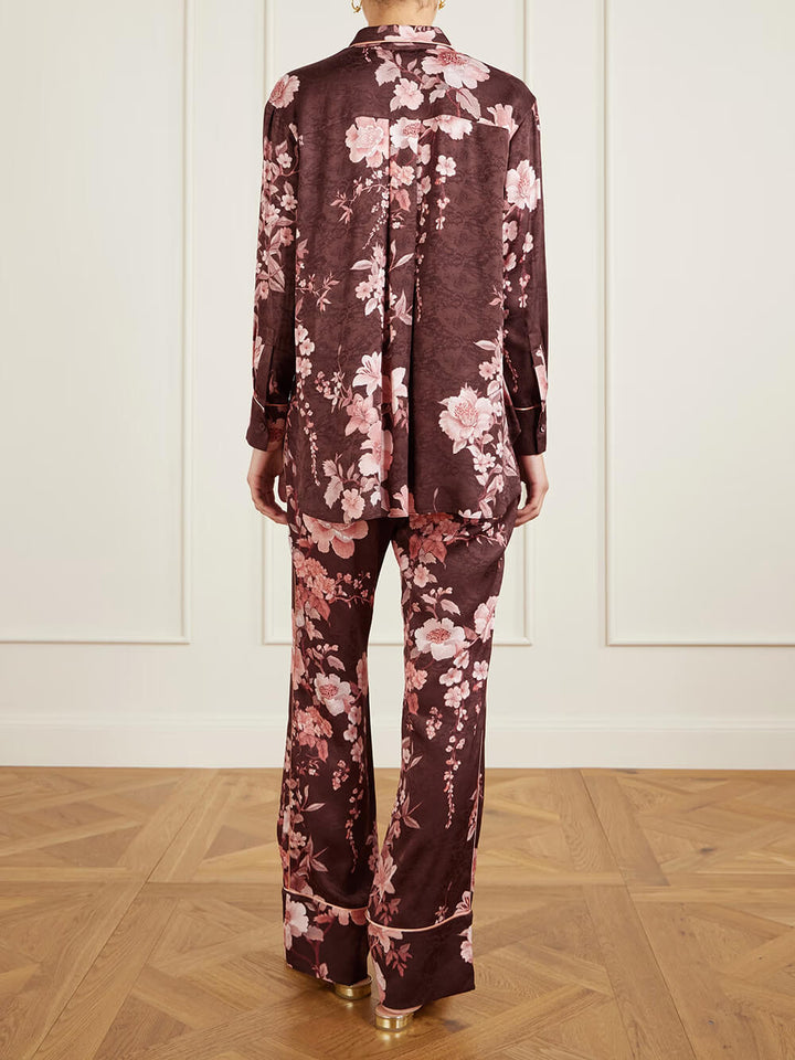 Exquisite Floral Print Satin Piped Straight-Leg Pants