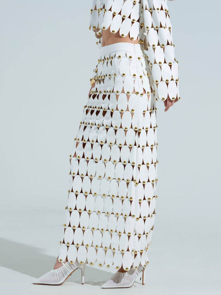 Exquisite Cut-Out Studded PU Cropped Cardigan Top