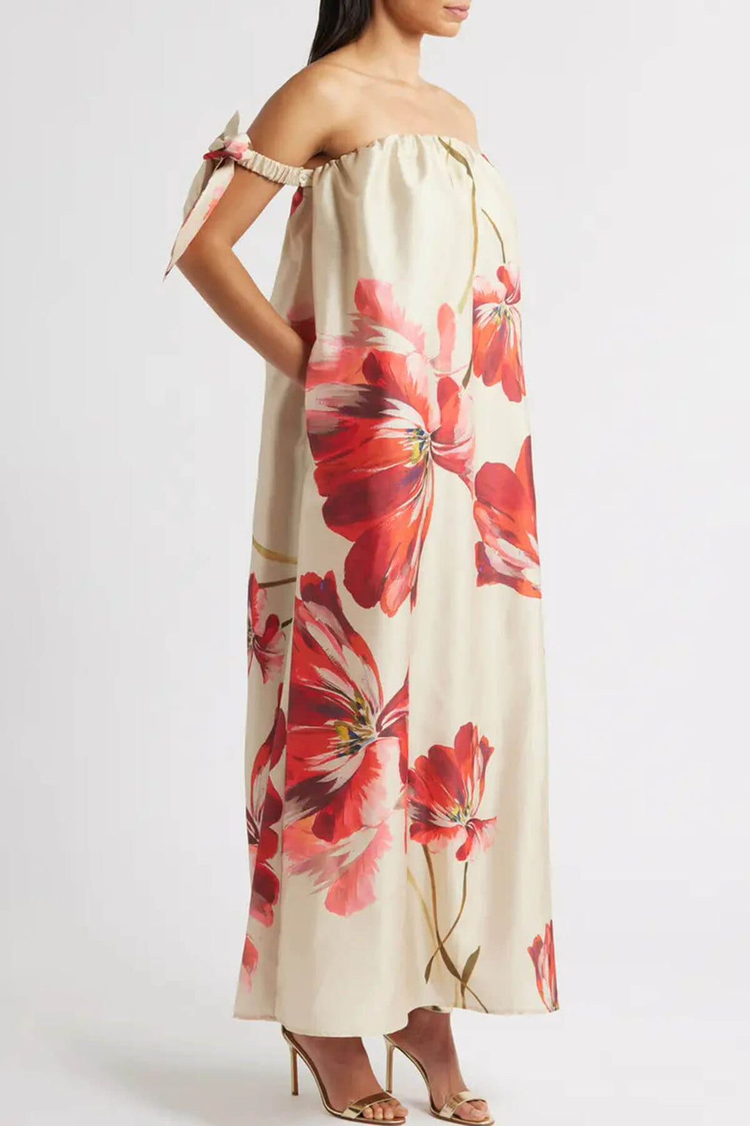 Delicate Floral Print Bow Off the Shoulder Maxi Dress