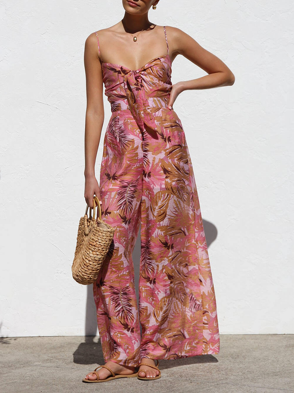 Delicate Botanical Print Strappy Resort Style Wide-leg Pants Jumpsuit