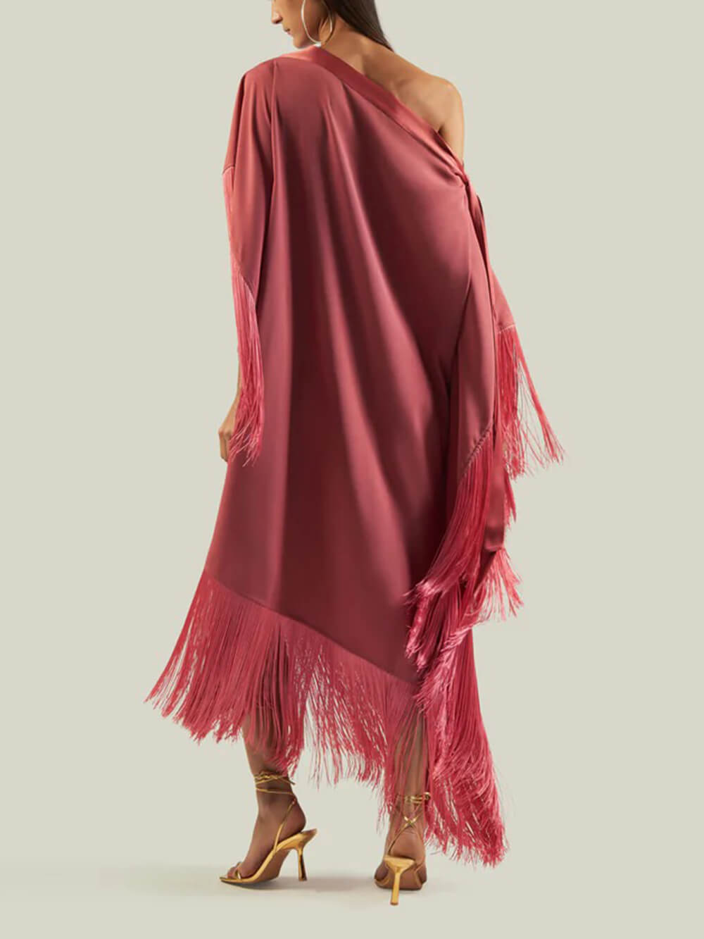 Elegant Satin Fringe Bow Off-Shoulder Maxi Dress