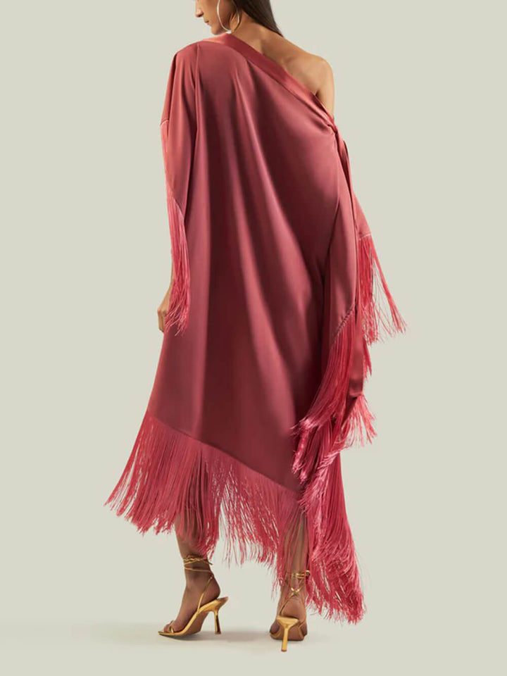 Elegant Satin Fringe Bow Off-Shoulder Maxi Dress