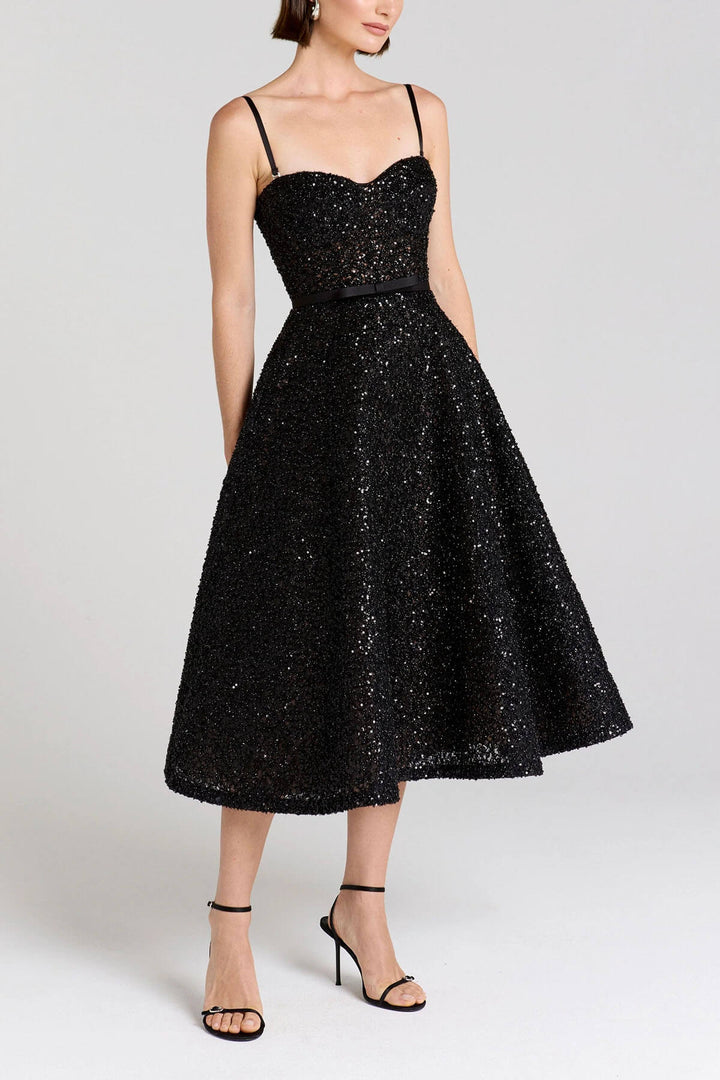Exquisite Sequined Off-Shoulder Pleated Black A-Line Midi Dress