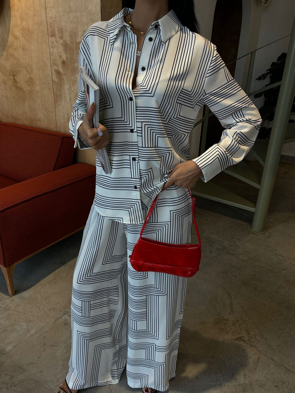 Beauty Unique Geometric Stripe Print Long Sleeve Shirt And Elastic Waist Pants Set