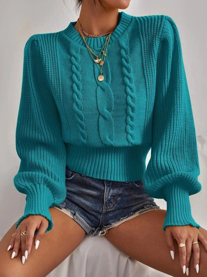 Fashion Solid Color Cable Knit Balloon Sleeve Crewneck Sweater