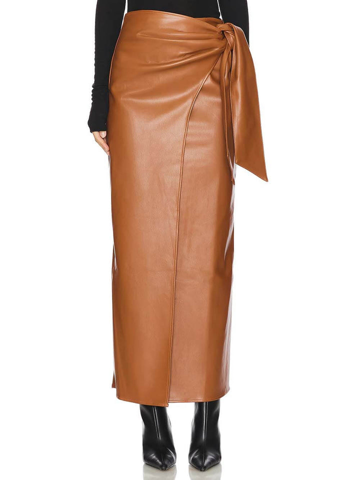 Casual Chic Faux Leather High-Waist Wrap Tie Stretch Maxi Skirt