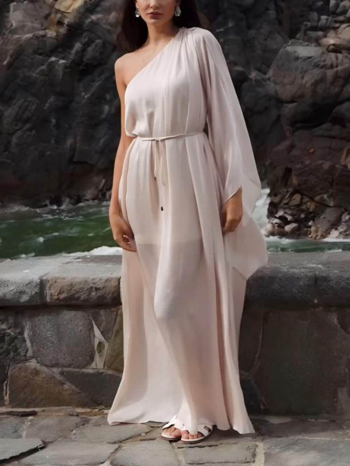 Exquisite And Unique One-Shoulder Sleeve Pleated Slit Maxi Dress