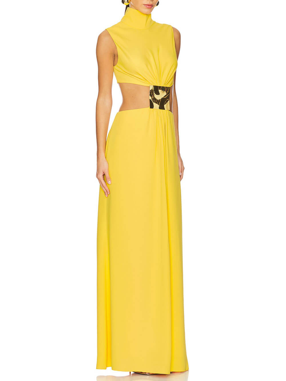 Elegant High Neck Metal Decoration Cutout Waist Maxi Dress