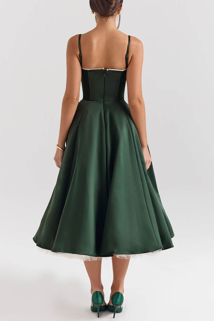 Elegant Satin Tulle Backless Midi Dress