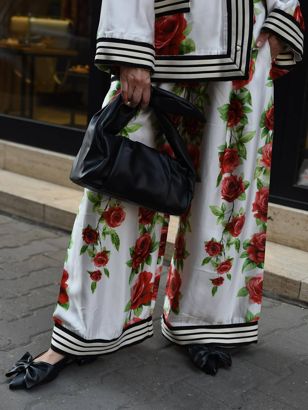 Exquisite Rose Print Ribbon-Trimmed Pockets Elastic Waist Wide-Leg Pants