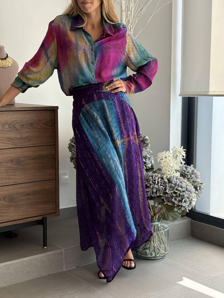 Retro Bohemian Tie-Dye Print Asymmetrical Hem Elastic Waist Skirt