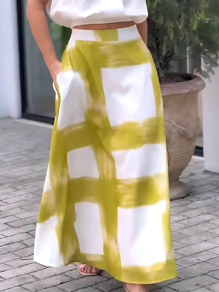 Classic Brushstroke Print Linen Pocket Skirt