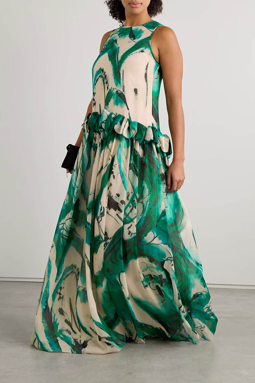 Exquisite Ruffled Print Satin Loose Maxi Dress