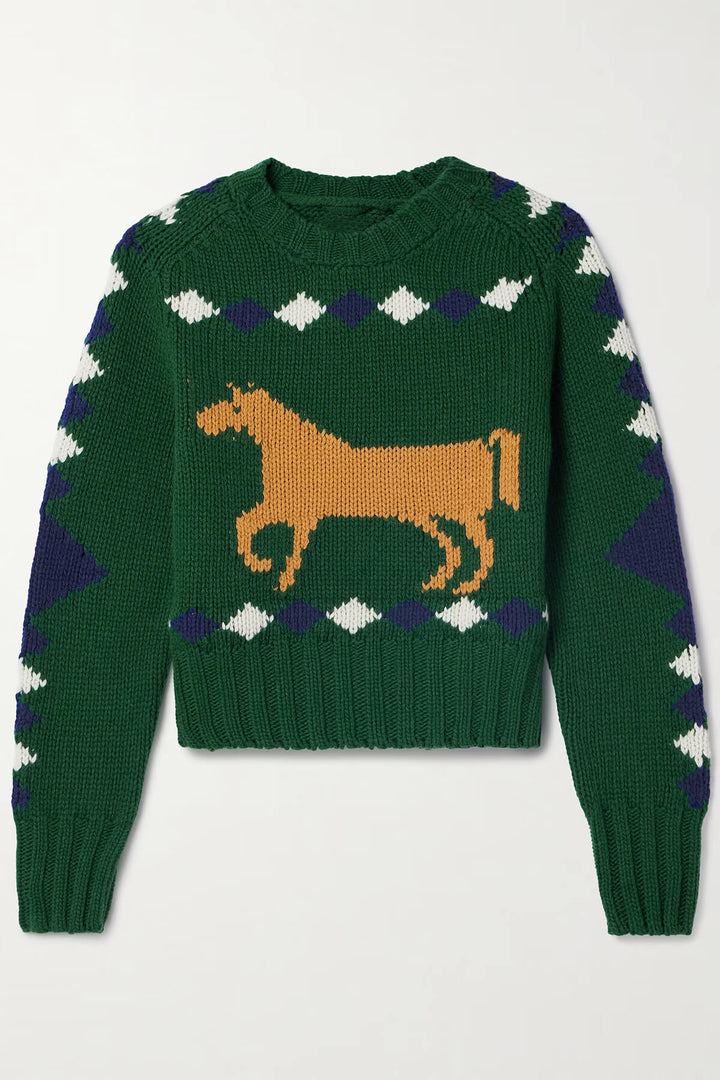 Retro Horse Diamond Pattern Crew Neck Sweater