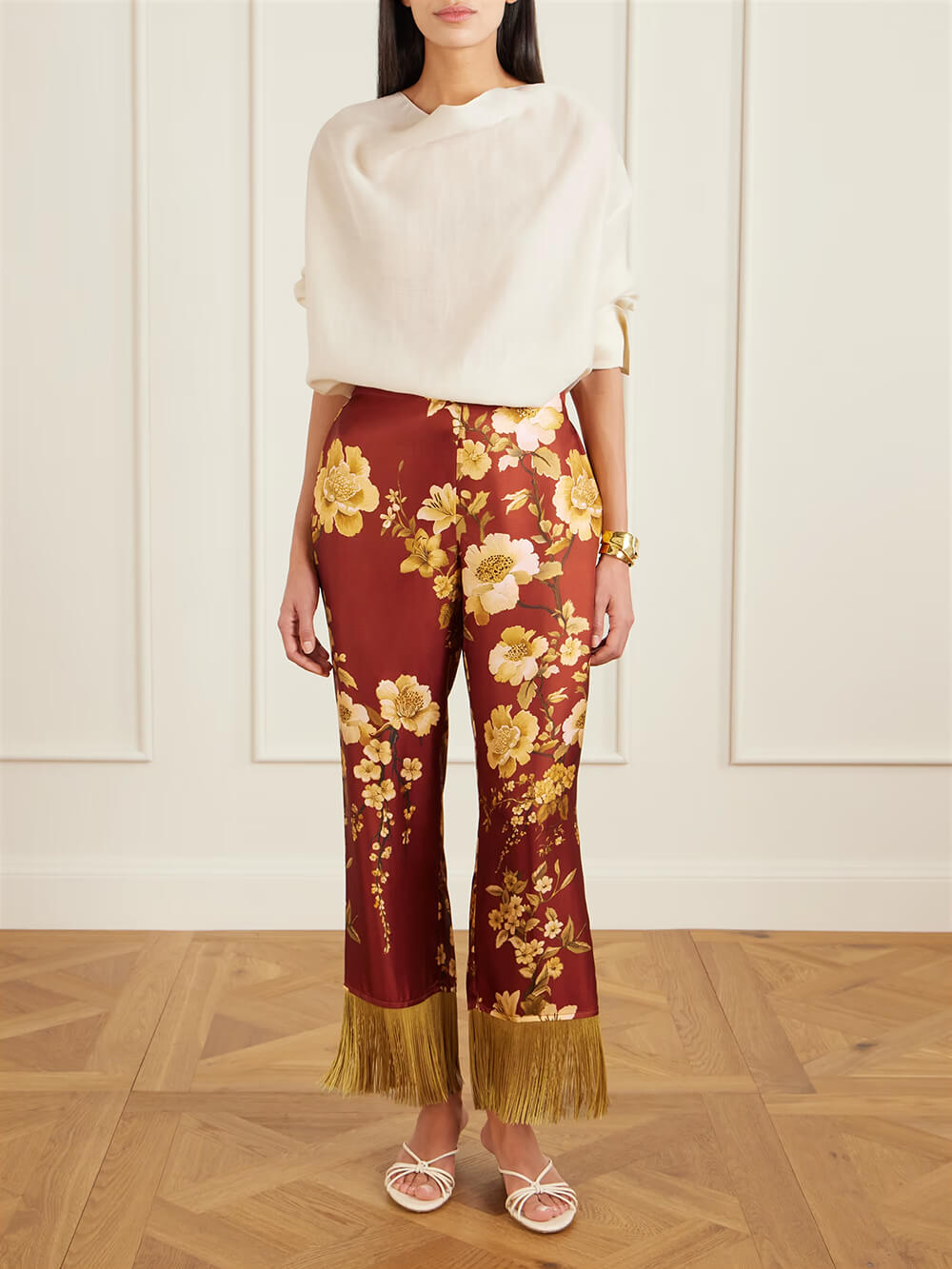 Exquisite Tassel Floral Print Satin Twill Wide-Leg Pants