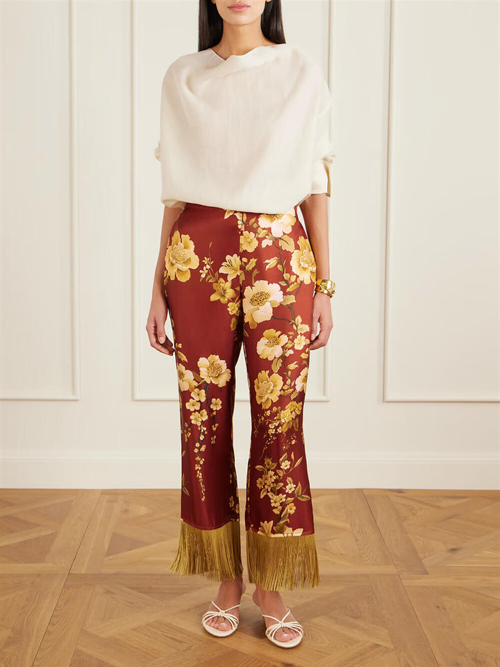 Exquisite Fringe Floral Print Satin Shirt and Elastic-Waist Wide-Leg Pants Set