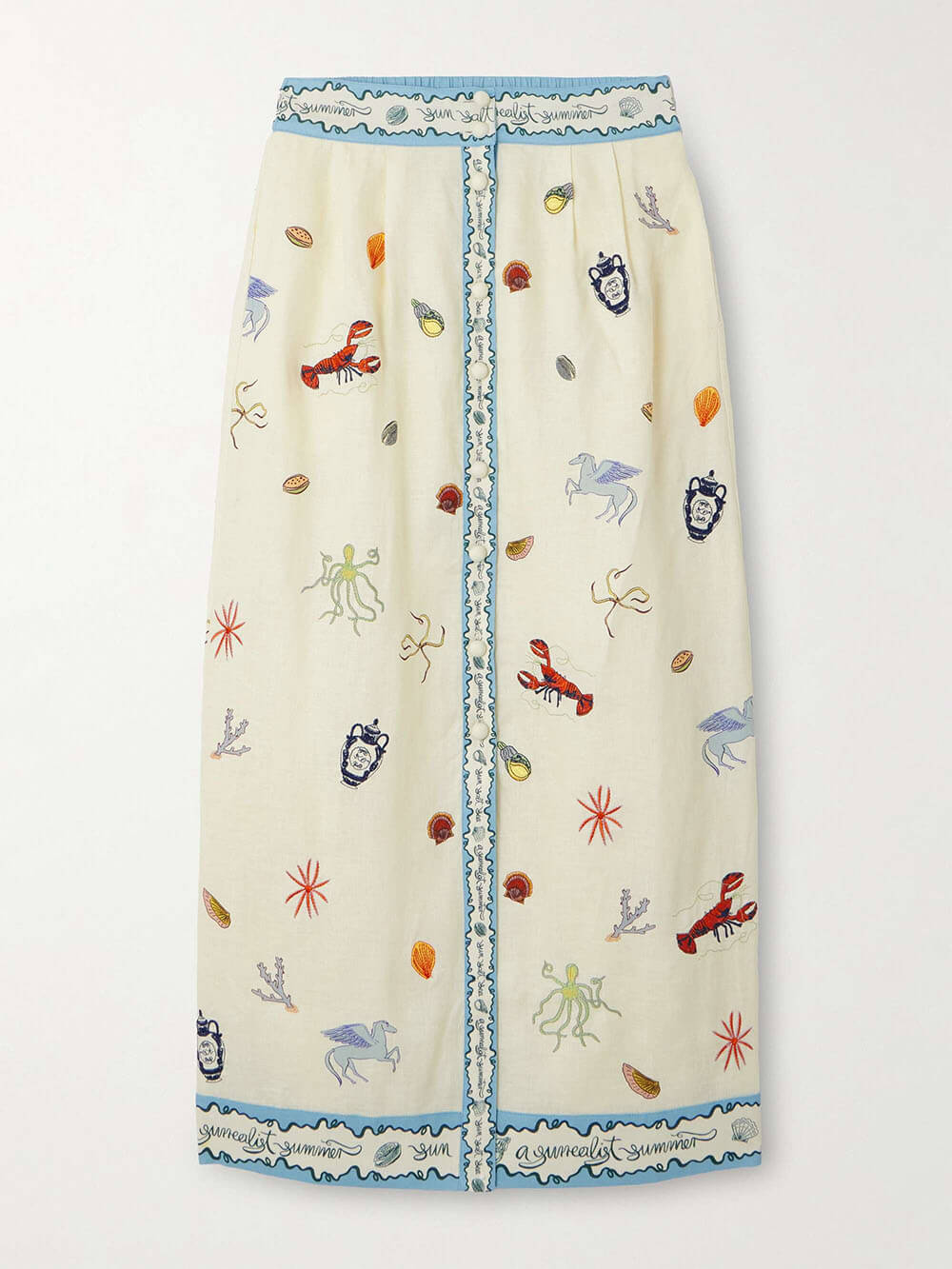 Unique Ocean Print Button-Faced Linen Midi Skirt