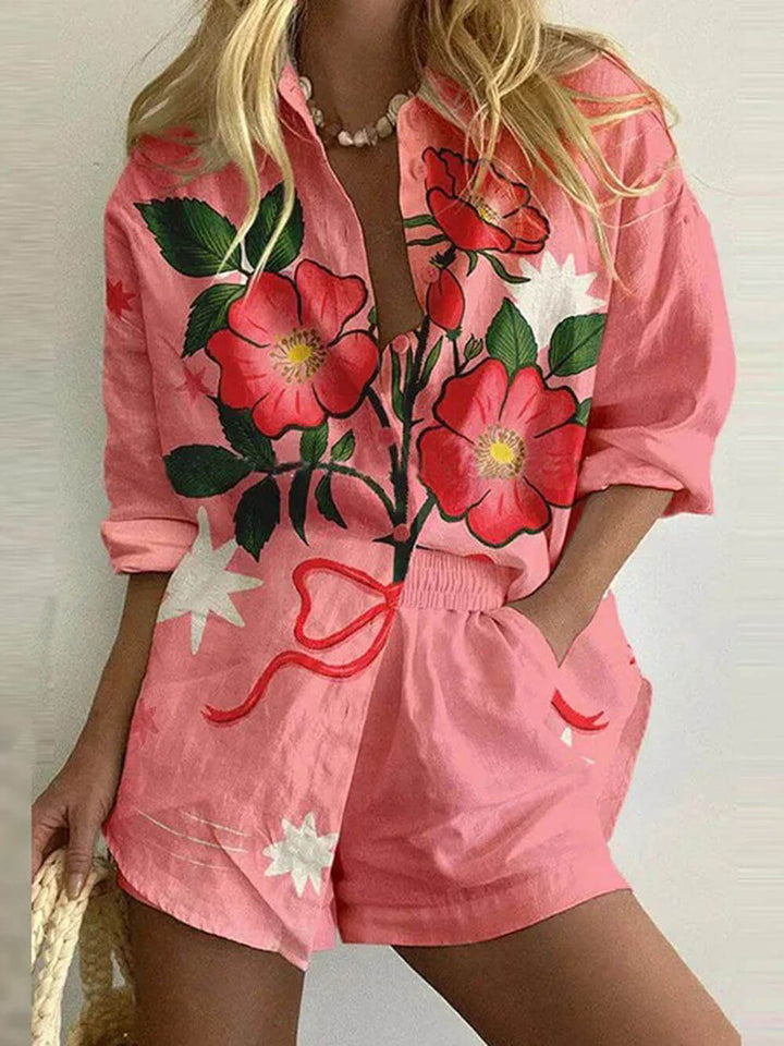 Classic Incredible Lobster Track Print Button Up Lace Up Shorts Set