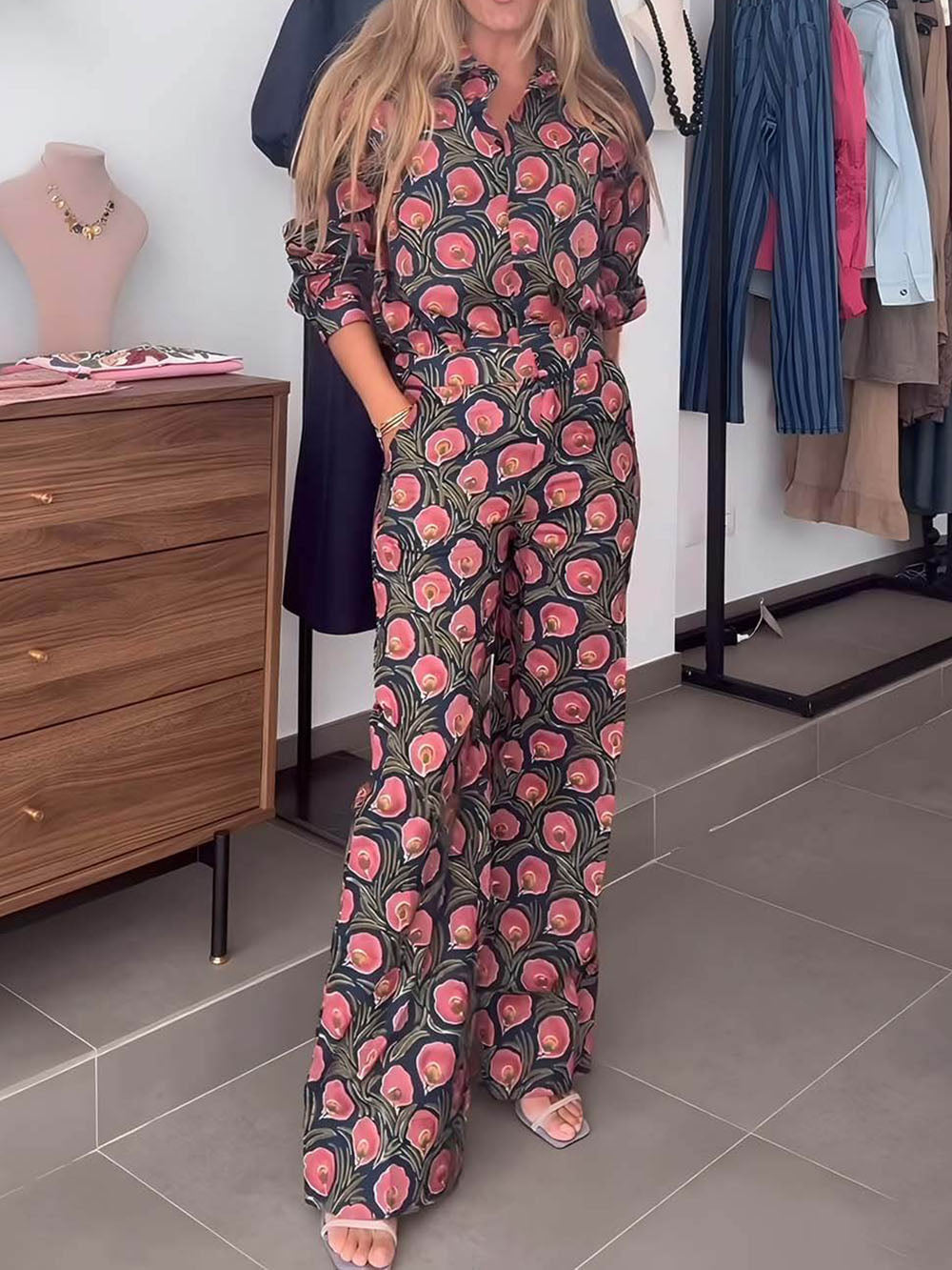 Bohemian Floral Print Loose Button-Up Shirt